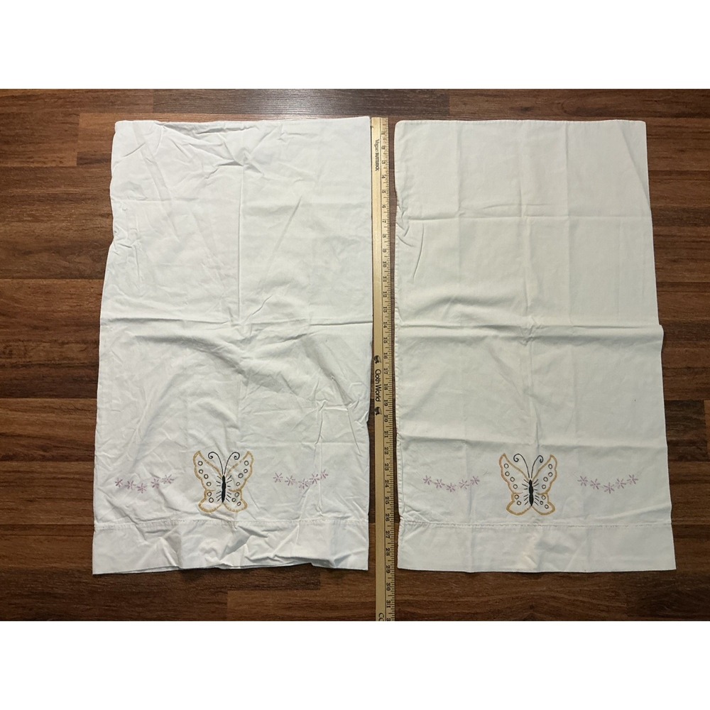 2 Vintage Butterfly Embroidered White Pillowcases - J.C. Penney Nation-Wide